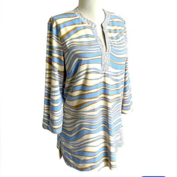 J. MCLAUGHLIN Catalina Cloth Boca Printed Tunic Sandstorm Cream Tan Blue - Picture 1 of 5